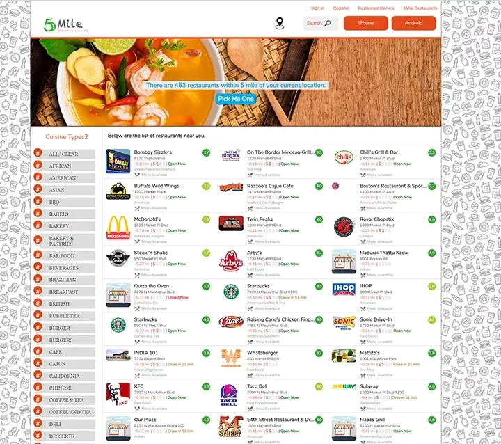 5 Mile Restaurants website
