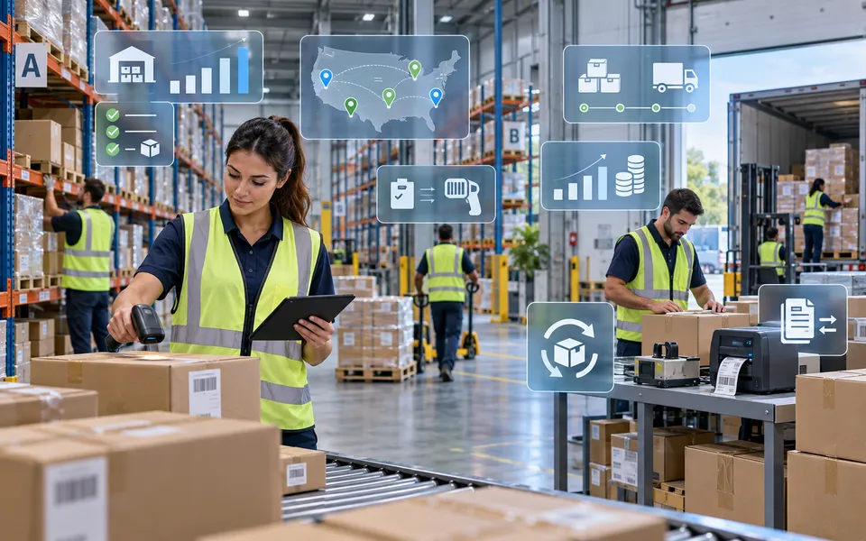 Warehouse team using an Odoo distribution accelerator for inventory, scanning, shipping, and fulfillment