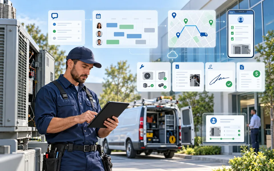 Field service technician using an Odoo accelerator for mobile work orders, worksheets, and dispatch
